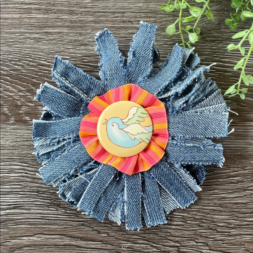Denim Fringe Brooch with Dove Pin Design